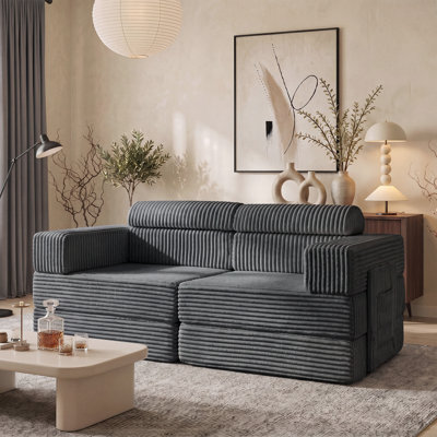 Sisler 71" Convertible Upholstered  Corner Modular Loveseat Compression Convertible Corduroy Sofa  No Assembly Required  with Storage Pockets  Sleeper Floor Couch