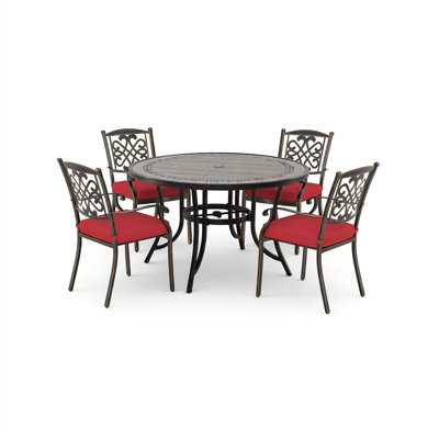  Ensemble de salle à manger d'extérieur pour patio 5 pièces avec table ronde à carreaux de 48 po et 4 chaises en fonte d'aluminium