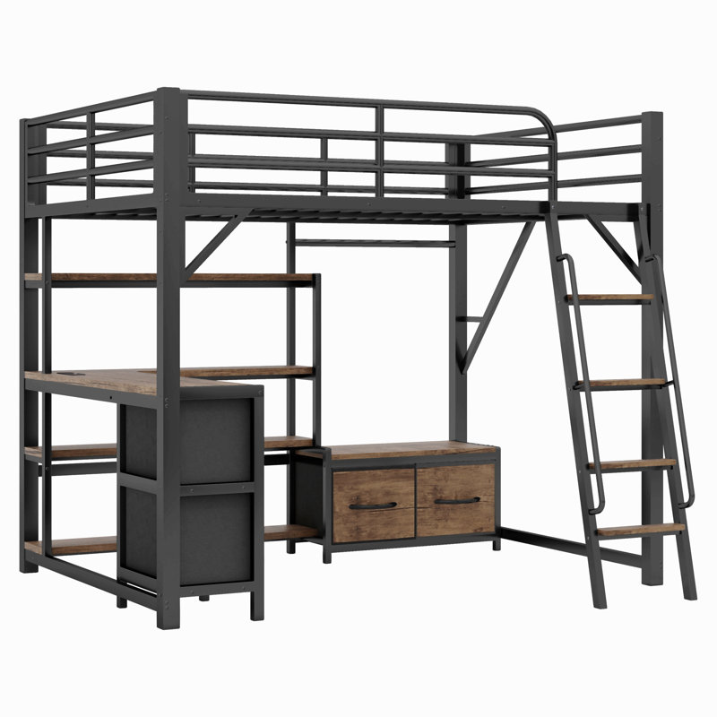 Lit mezzanine double avec bureau et lumière, lit mezzanine en métal avec tablettes de rangement, garde-robe et tiroirs pour garçons