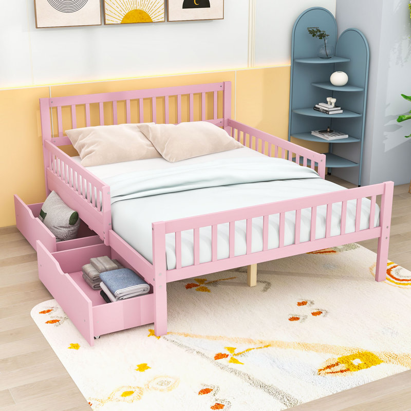 Idahlia Wooden Platform Bed with Headboard, Guardrails and Underbed Storage Drawers, Full, Pink