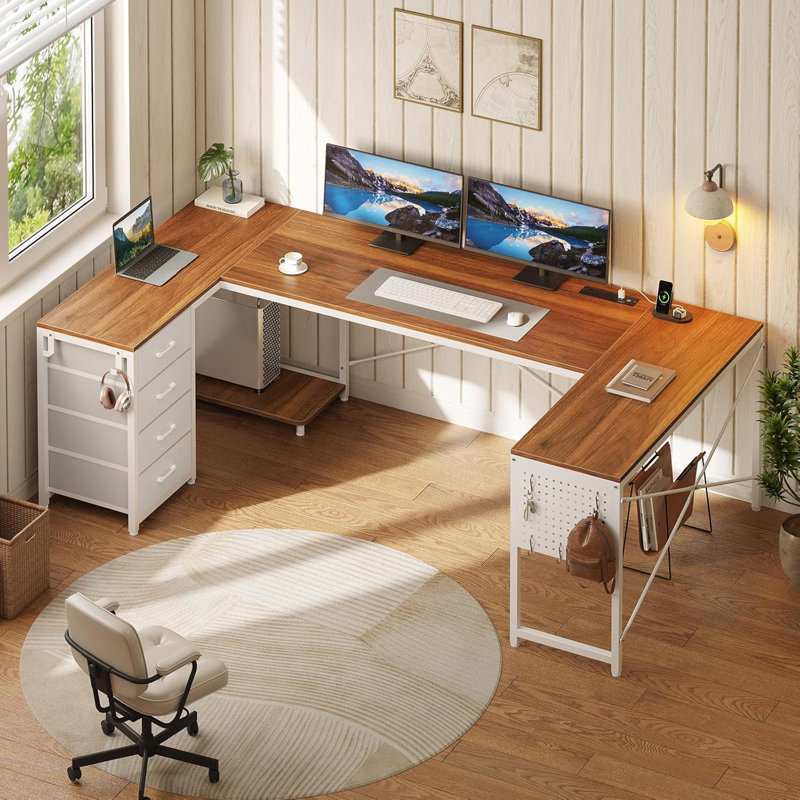 67" L Shaped Desk Reversible Computer Desk With 4 Fabric Drawers