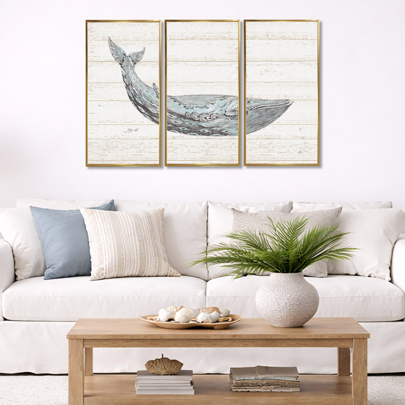 Aquarelle de baleine bleue - ensemble d'art mural encadré nautique et côtier sur 3