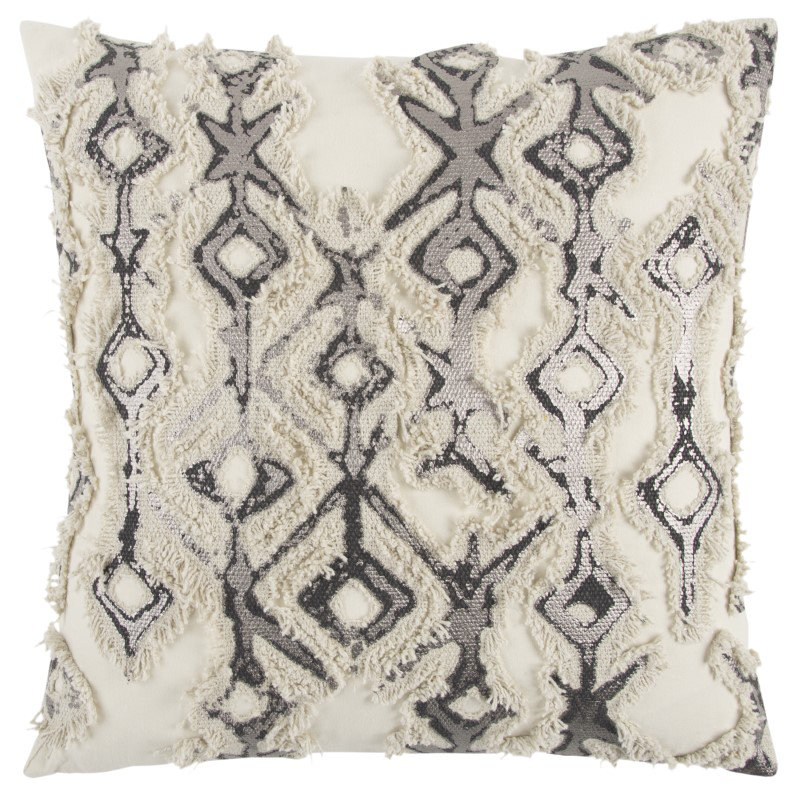 Ivory and Silver Geometric Cotton Throw Pillow with Frayed Edges