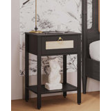 Rattan Nightstand,Modern Farmhouse Bedside Table With Storage Drawer And Shelf