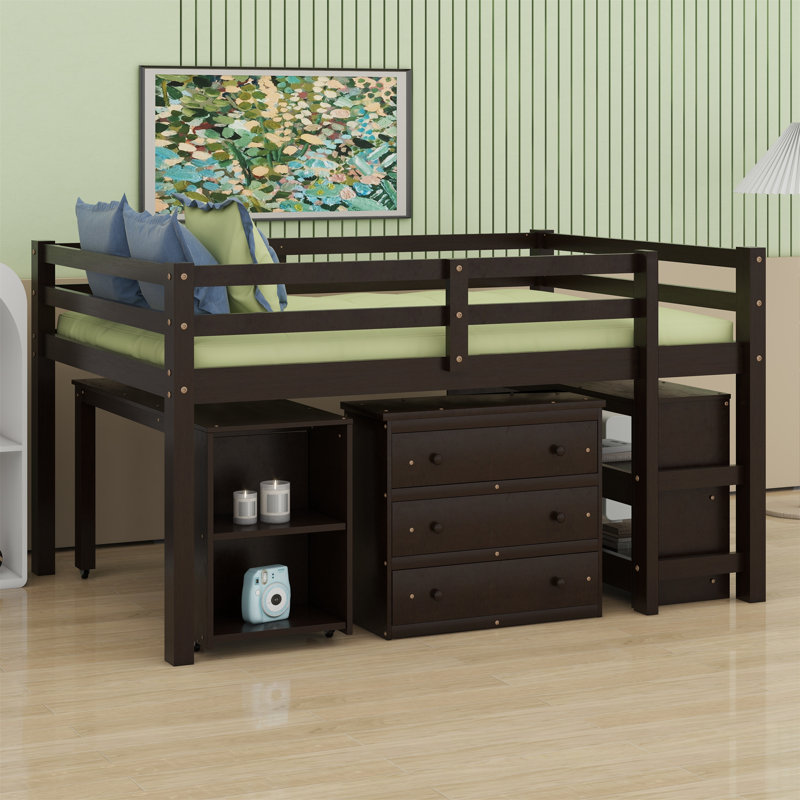 Low Study Bed With Cabinet ,Shelves And Rolling Portable Desk ,Multiple Functions Bed, Espresso