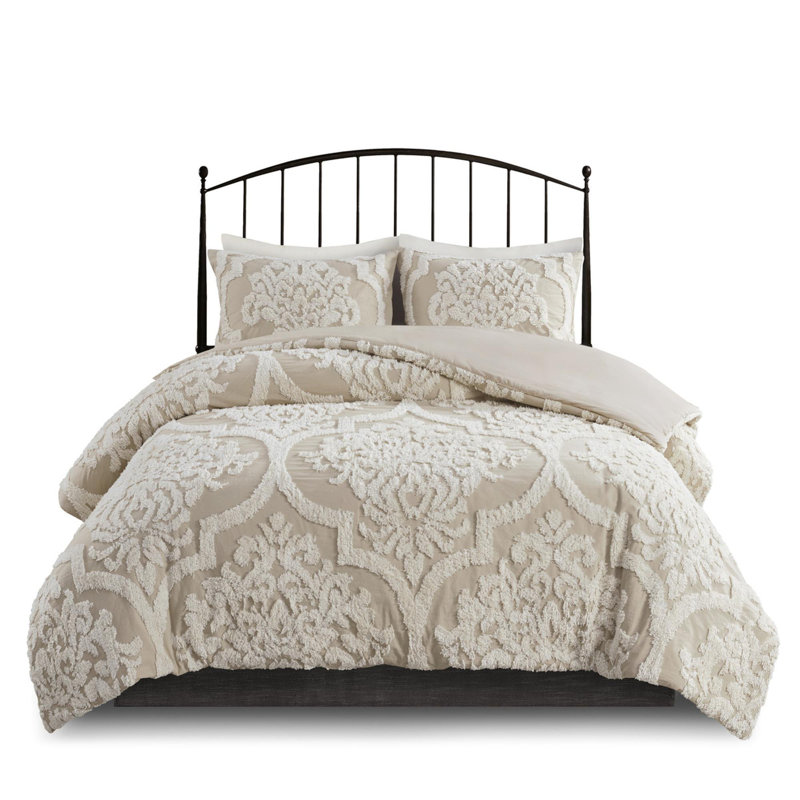 Ensemble d'édredon en coton touffeté 3 pièces, Taupe, Édredon double + 2 taies décoratives standards