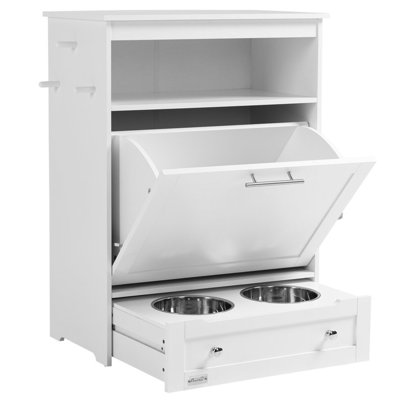 White Elevated Dog Feeder Station with Storage Cabinet