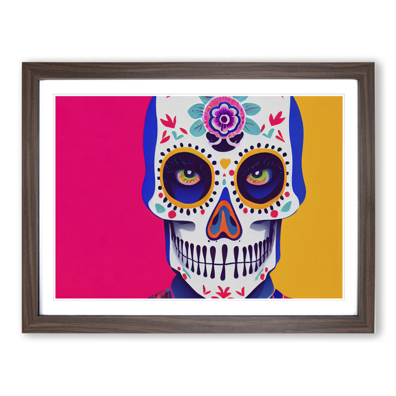 Cosmopolitan Floral Sugar Skull - Single Picture Frame Print, 34cm H x 46cm W x 2cm D, Walnut Framed