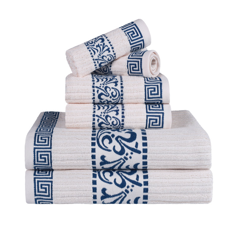 Ensemble de serviettes décoratives modernes en coton 6 pièces BNM, Ivoire / bleu marine