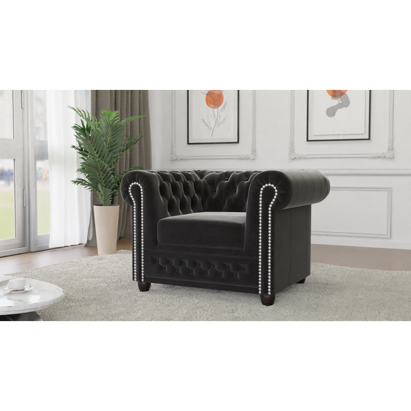 Chesterfield Armchair Hanna Made of Velvet Fabric with Solid Wood Legs, Black