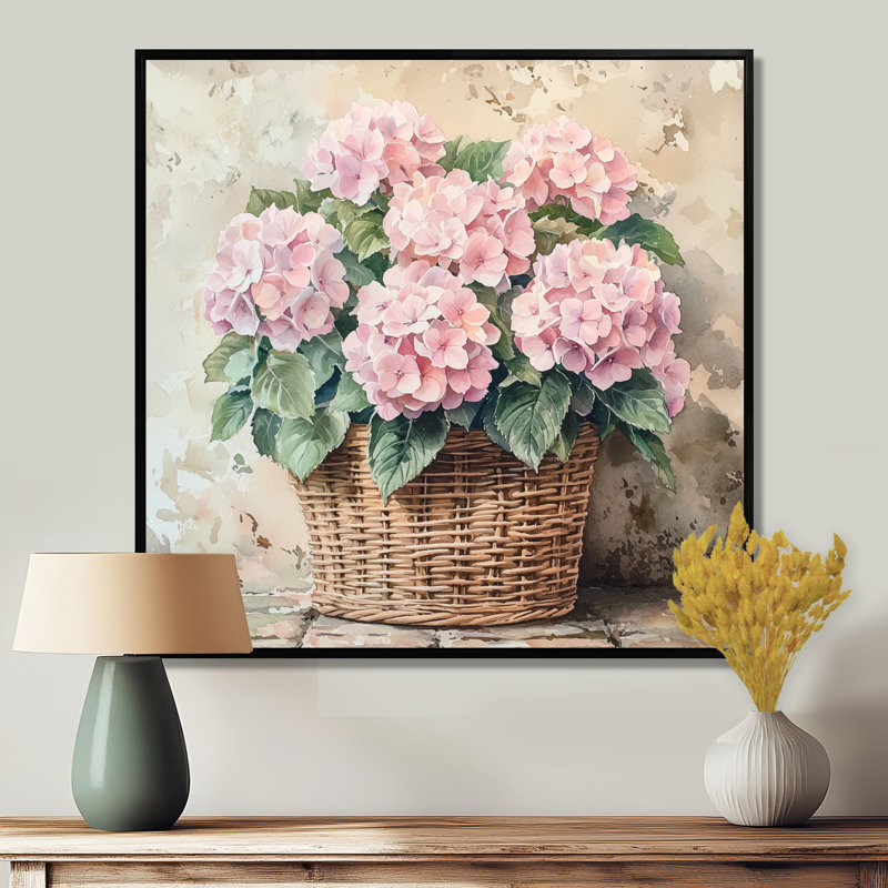 Hortensias dans un panier rétro I - hydrangées, art mural, Impression encadrée flottante, Noir, noir, noir, noir