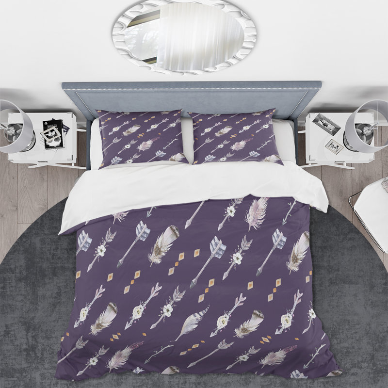 Boho Tribal Feathers and Flower Arrows I - Ensemble de housse de couette bohémien - Microfibre de polyester