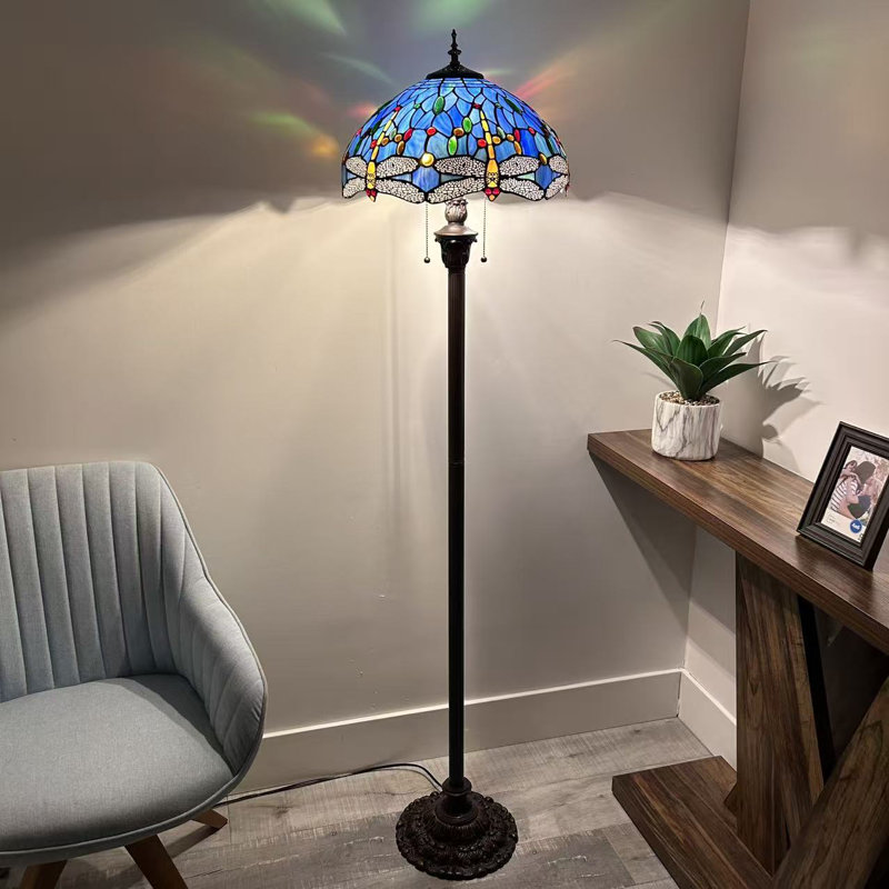Aanshi Tiffany Floor Lamp Stained Glass Dragonfly Metal Base LED Bulbs Included 16'W*16"D*64" H, Blue/Yellow