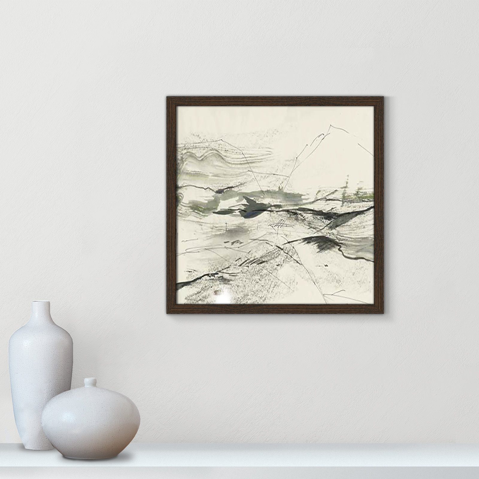 Green Sketches Print, 17" H x 17" W x 1.25" D, Walnut Slim Framed