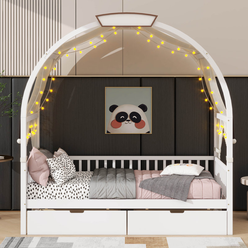 Twin-Size Bed With An Arched Roof And Two Built-In Drawers, White