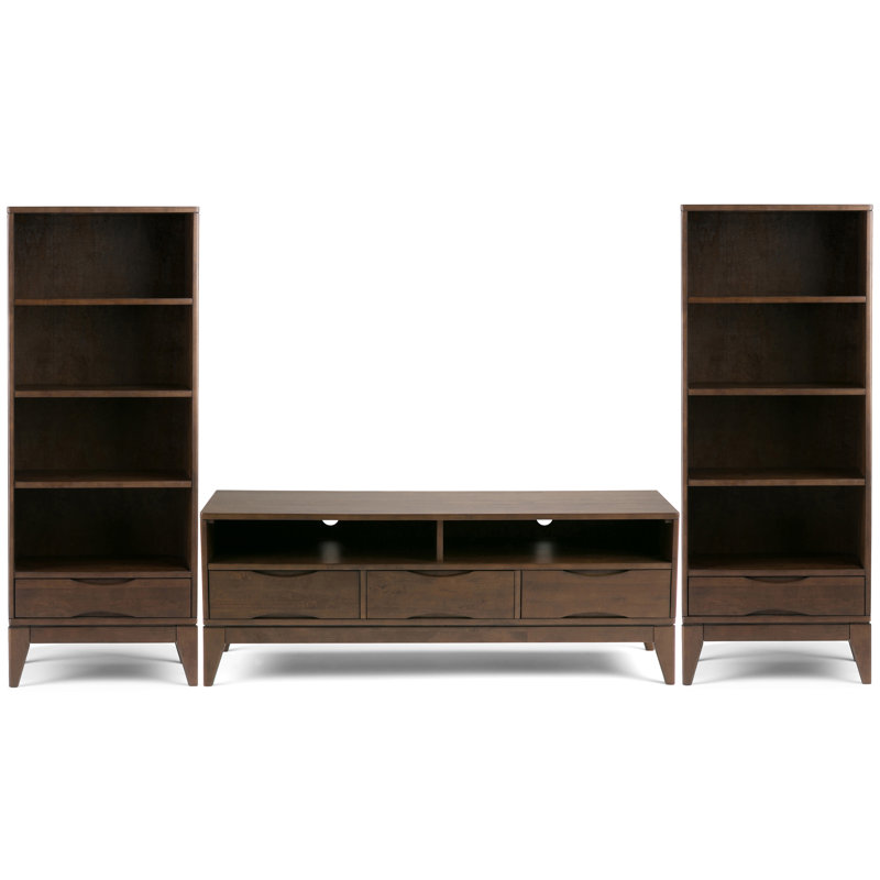 Harper Solid Hardwood Mid Century Modern 60 Inch Wide Tv Stand With Two 24 Inch Wide Bookcases In Walnut Brown (set Of 3)