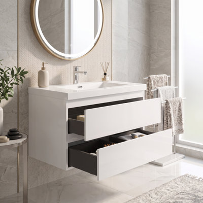 Meuble-lavabo mural de 91 cm (36 pouces) en bois fabriqué étanche avec lavabo intégré en résine, rangement à fermeture en douceur et entièrement pré-assemblé.