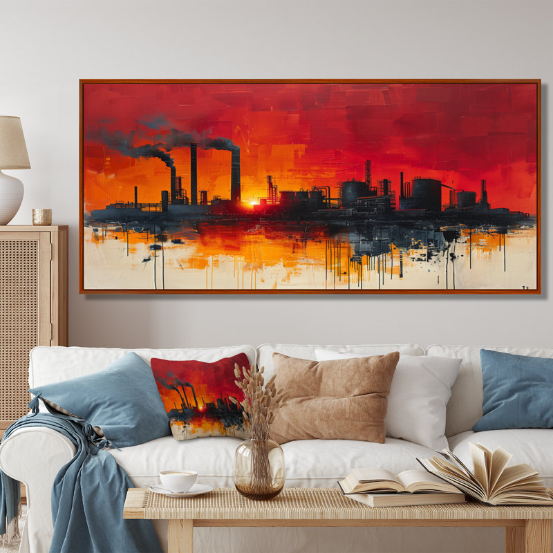 Jaune, rouge, production, Power Factories I - Art mural, Toile avec cadre flottant brun, H 28 po x l 60 po x P 1,5 po