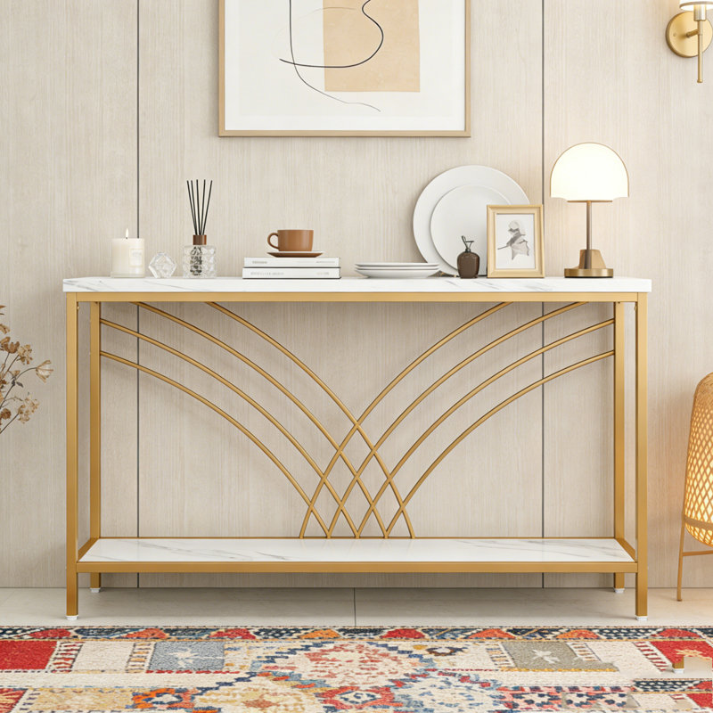 Console de table d'entrée en faux marbre avec 2 tablettes de rangement