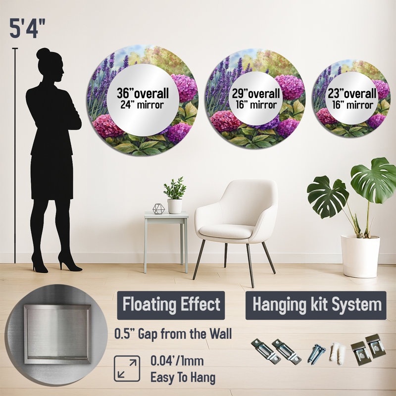 Hortensias et lavande jardin I - miroir mural floral - imprimé sur métal, 23 po x 23 po