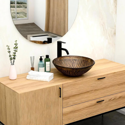 Lavabo vasque de salle de bain en verre trempé Amber avec bonde escamotable, bords arrondis lisses, parfait pour un lavage confortable, 16,5 po x 5,74 po