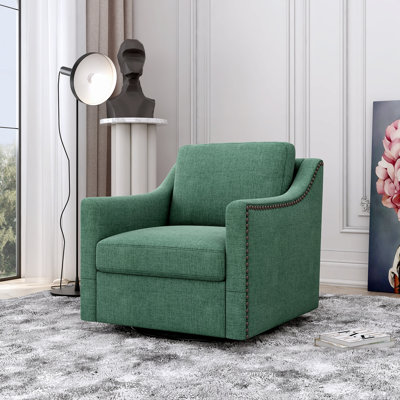 Fauteuil pivotant à 360 degrés Tissu en coton doux pour la peau Design ergonomique Fauteuil décoratif à clous en laiton Chaises de salon Chaises de chambre à coucher Pieds noirs Convient aux maisons intérieures