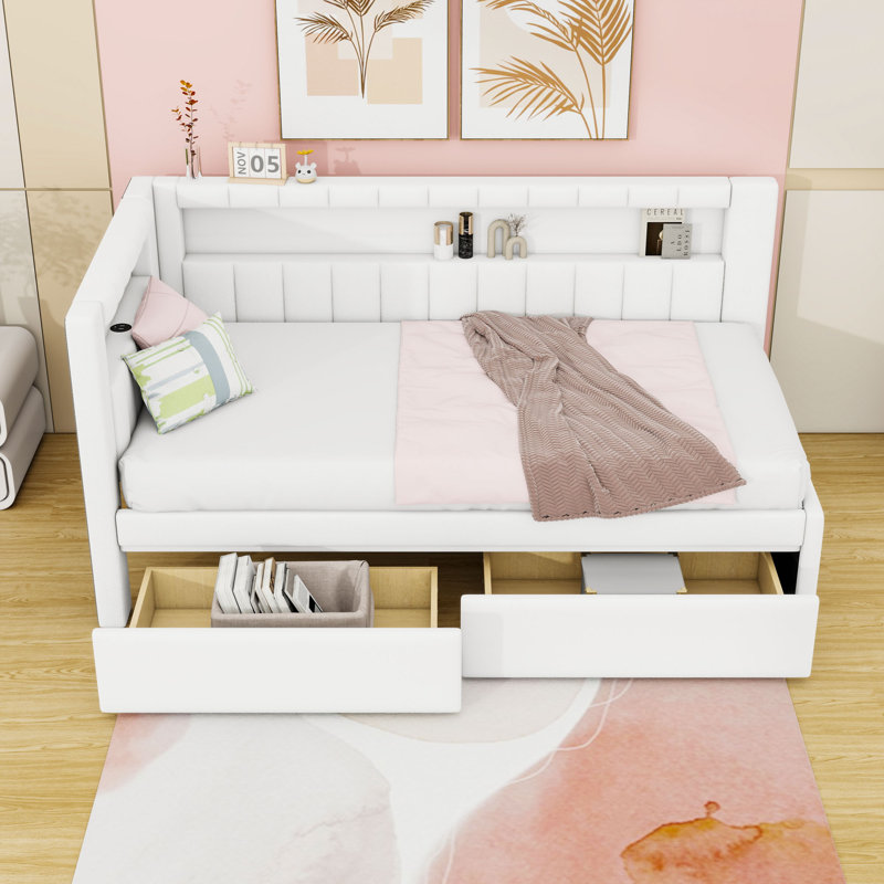Twin-Size Upholstered Daybed with USB Charging Ports and LED Lights, Dual Drawers, White