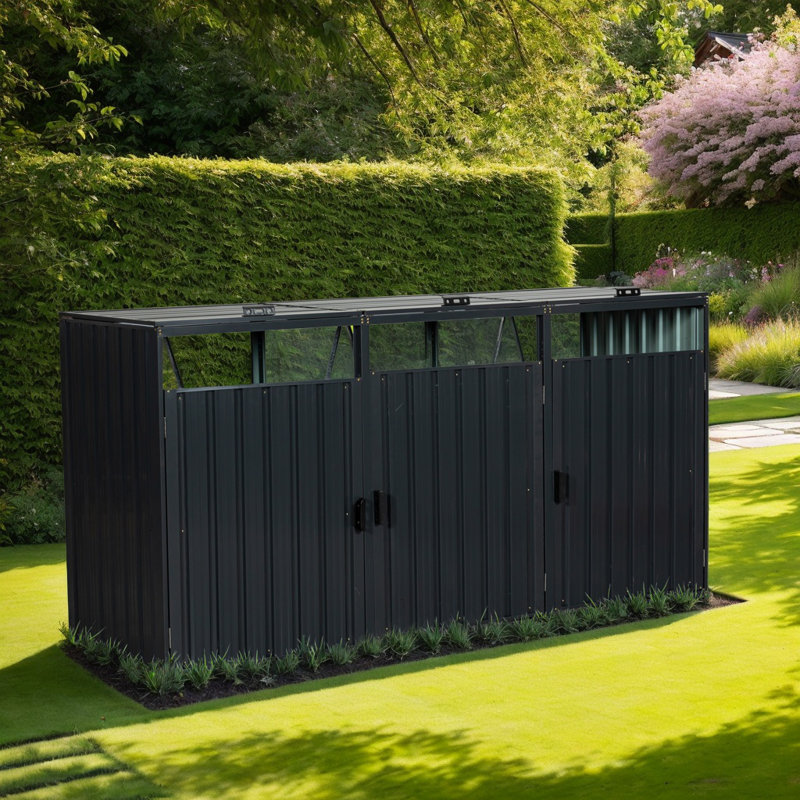 Remise en métal pour poubelle extérieure avec portes verrouillables et couvercles relevables, rangement en acier galvanisé pour le jardin ou la cour