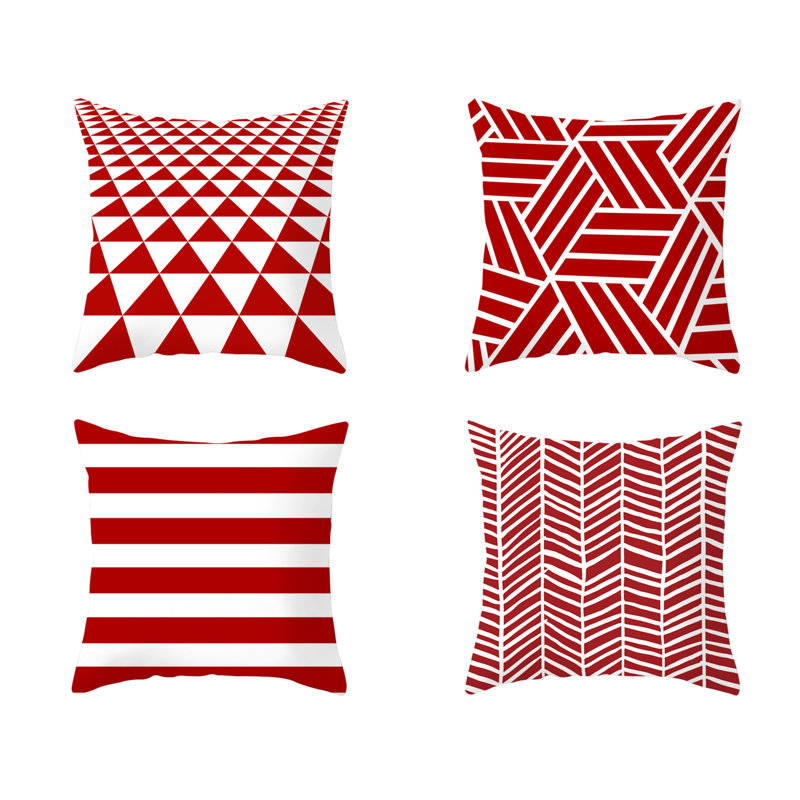 Ensemble de 4 housses de coussin rouge et blanc à motif géométrique, sans insertions