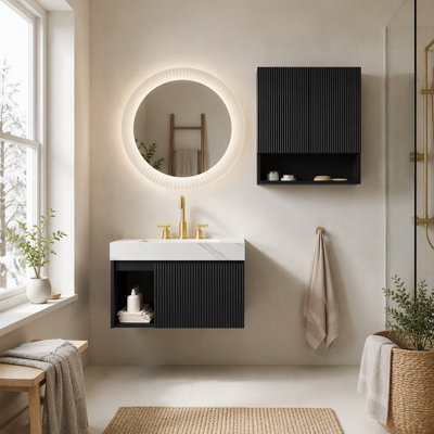 Ensemble meuble-lavabo suspendu de 48 et 26 pouces, armoire noire avec comptoir en pierre frittée blanche de Carrare et lavabo simple en céramique, 1 trou pré-percé pour robinetterie