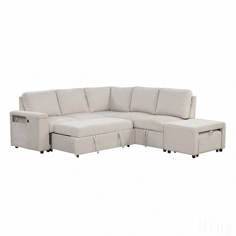 L-Shaped Padded Modular Sofa With Storage Space, Usb Ports, And Cup Holders On The Armrests, Beige Polyester
