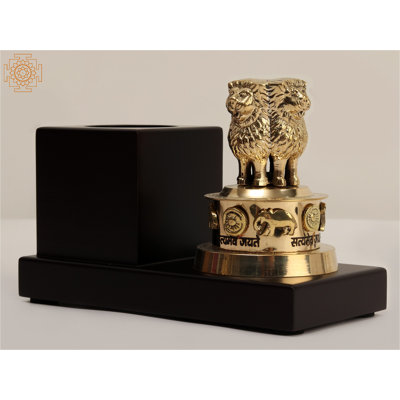  5" Brass Ashok Stambh With Wooden Pen Stand - Table/Desk Decor