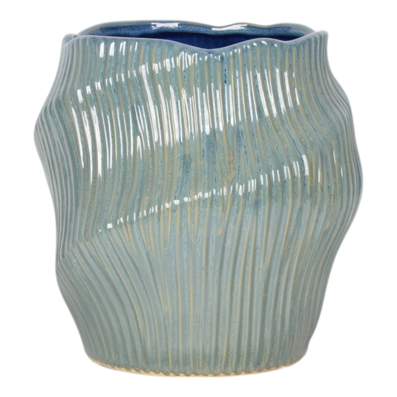 Pottery Earthenware Vase With Sculptural Hollow Design - Decorative Accent For Floral Arrangements And Home Decor, Blue