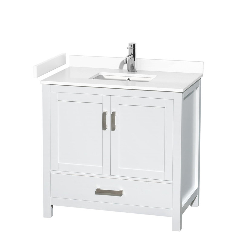 Meuble-lavabo simple avec plateau en marbre Sheffield, Marbre de culture blanc, Blanc, 36"
