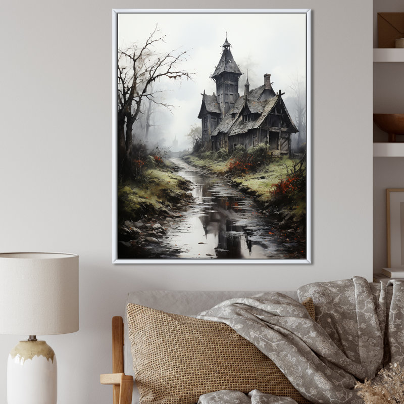 Maison hantée dans un paysage mystique, Cadre flottant blanc, H 40 po x l 30 po x P 1,5 po