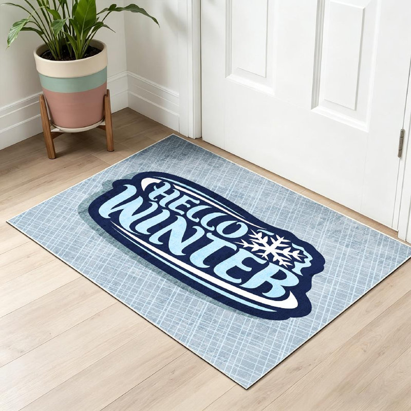 Tapis bleu à motif de logo lavable à la machine pour l'hiver, Rectangle 32 po x 47 po