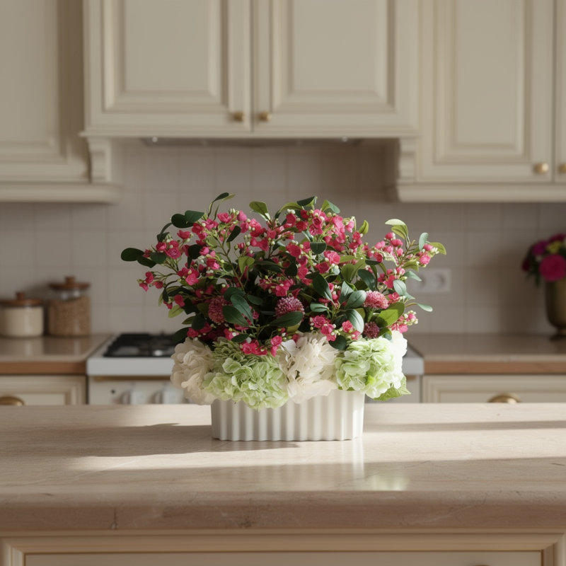 Hydrangeas and Dahlias in Pleated Vase