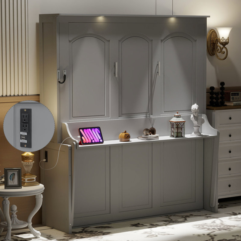 Grand lit avec bureau, lumières à DEL, station de charge - gris, mur peu encombrant pour les petites pièces, design moderne et contreplaqué, éclairage intégré gris facile à assembler, ports, bureau à domicile idéal ou invité