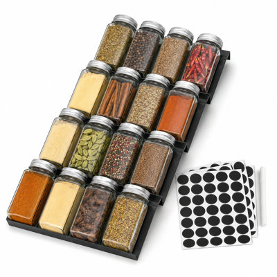 4-Tier Spice Drawer Organizer with Spice Jars and 386 Spice Labels, Seasoning Rack Tray Insert for Kitchen Drawer Storage