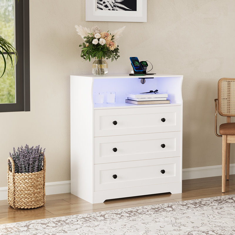 37.2" 3-Drawer Dresser with LED Lights & Charging Station, Modern Wood Chest with USB Ports for Bedroom Living Room Entryway Storage
