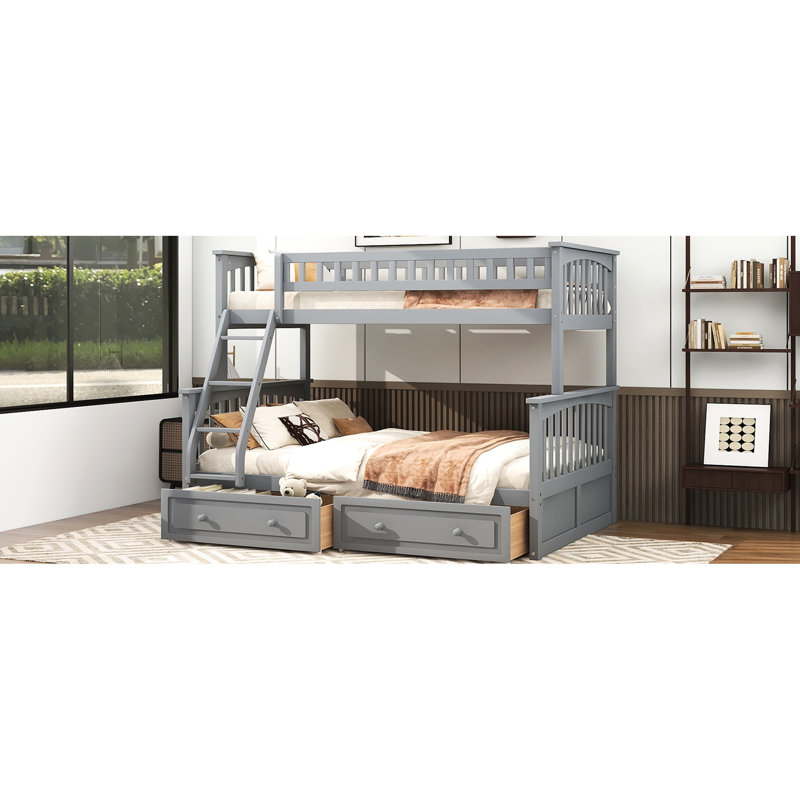 Lit superposé simple au-dessus d'un lit double avec tiroirs, fonction convertible grise, pin et matériau, rails de sécurité en forme de clôture, projet de type assemblage facile
