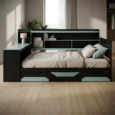 Cadre de canapé-lit pour grand lit, lit multifonctionnel, cadre de lit en bois avec bureau intégré et éclairage, avec 3 tiroirs et une station de charge, noir et bleu