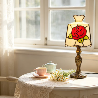 Stained Glass Table Lamp, Red Rose Pattern Vintage Accent Lamp, 15" Height Decorative Nightstand Lamp