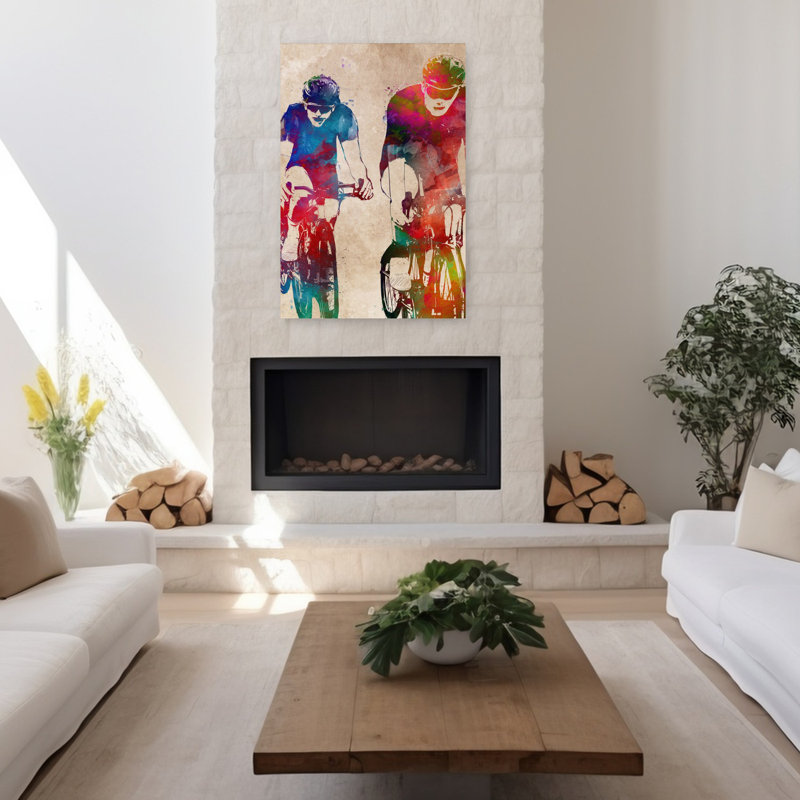 «Vibrant Cycling Duo», art mural contemporain, 48" H x 32" W