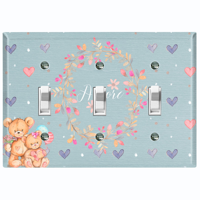 Metal Light Switch Plate Outlet Cover (Teddy Bears Amore Flower Wreath Blue - Triple Toggle)