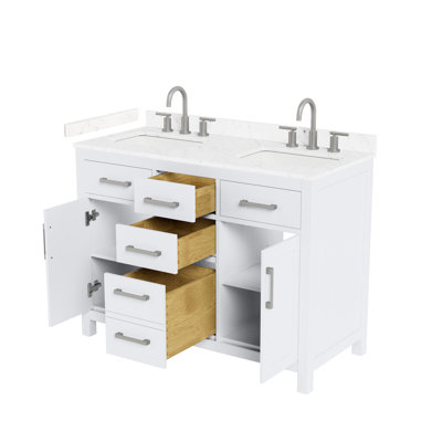 Beckett 48 Inch Double Bathroom Vanity in White, Carrara Cultured Marble Countertop, Undermount Square Sinks (3-Hole), Brushed Nickel Trim