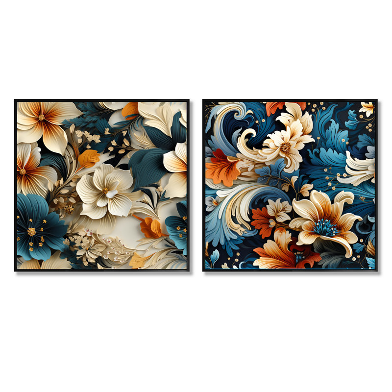 Vernita - Ensemble de 2 collages floraux et botaniques carrés, Cadre flottant noir, H 30 po x l 61 po