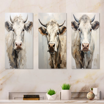Minimalism Beige Cow Portrait - Cow Metal Prints Set Of 3