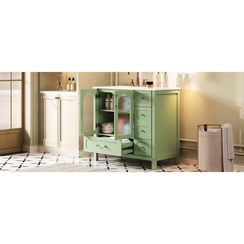 36 armoires de rangement pour salle de bain avec texture gaufrée, quatre tiroirs, deux portes en verre, double espace, couleur turquoise fraîche, poignées modernes, conception de rails coulissants lisses, rangement, revêtement, calme et doux