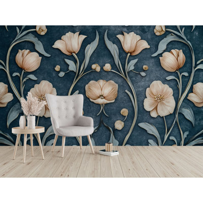 Élégante murale à motif floral 3D | Fleurs de pêche sur fond | Papier peint botanique moderne